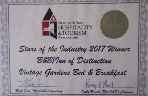 State of the Industry Award for Vintage Gardens Bed & Breakfast from New York State Hospitality & Tourism Association.