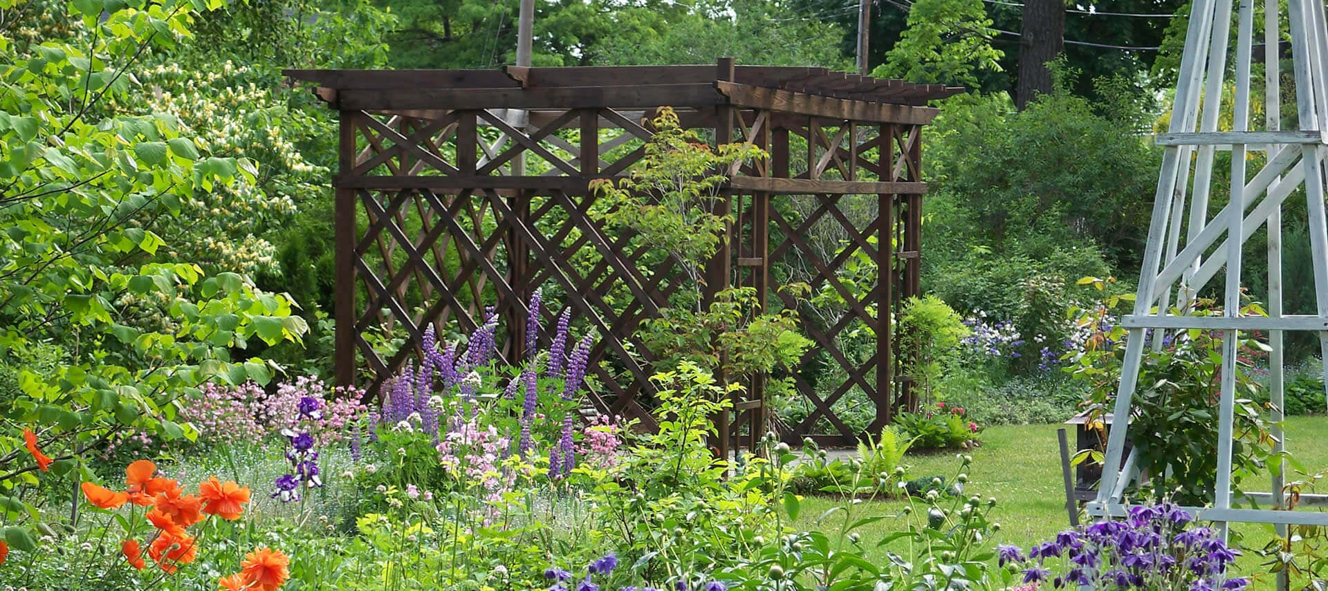 A luch garden with greenery and flowers holds a wooden gazebo structure. 